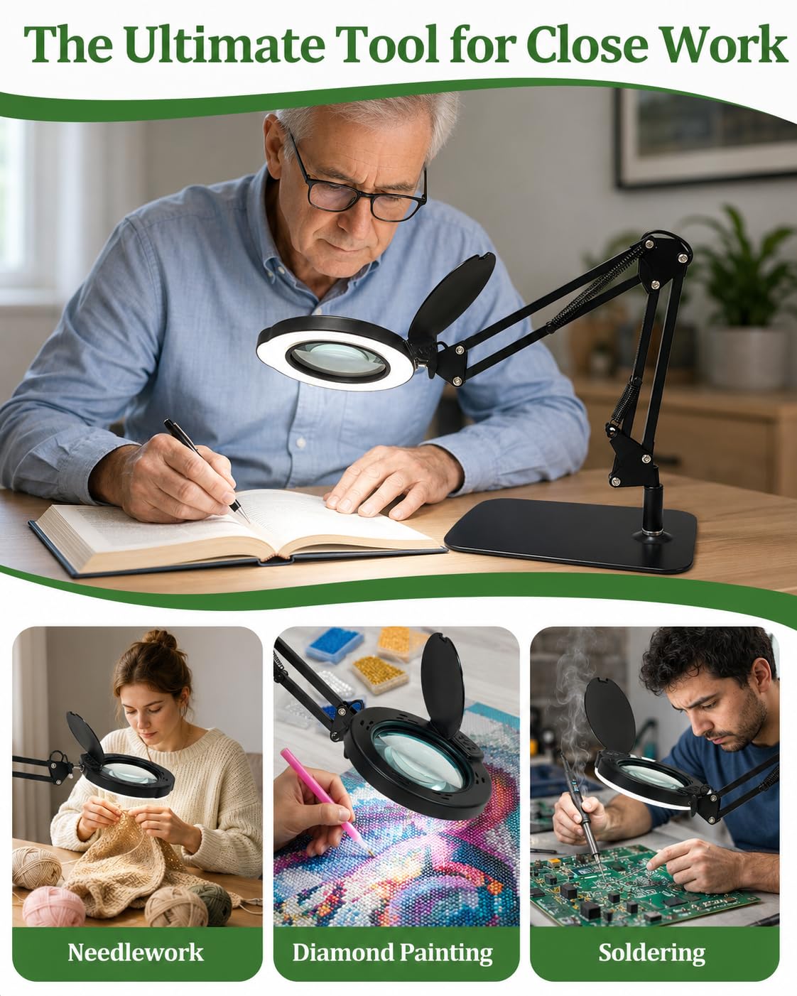 Lampe loupe x15 avec pince et base, lentille en verre véritable, 84 LED, 5 modes de couleur et intensité variable, loupe LED avec housse anti-poussière et chiffon de nettoyage, pour personnes âgées