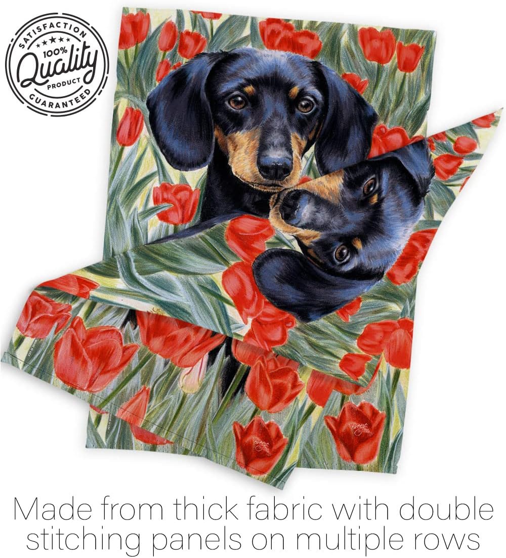 Breeze Decor - Dachsund in Tulips Nature - Everyday Pets Impressions Decorative Vertical House Flag 28" x 40" Printed in USA