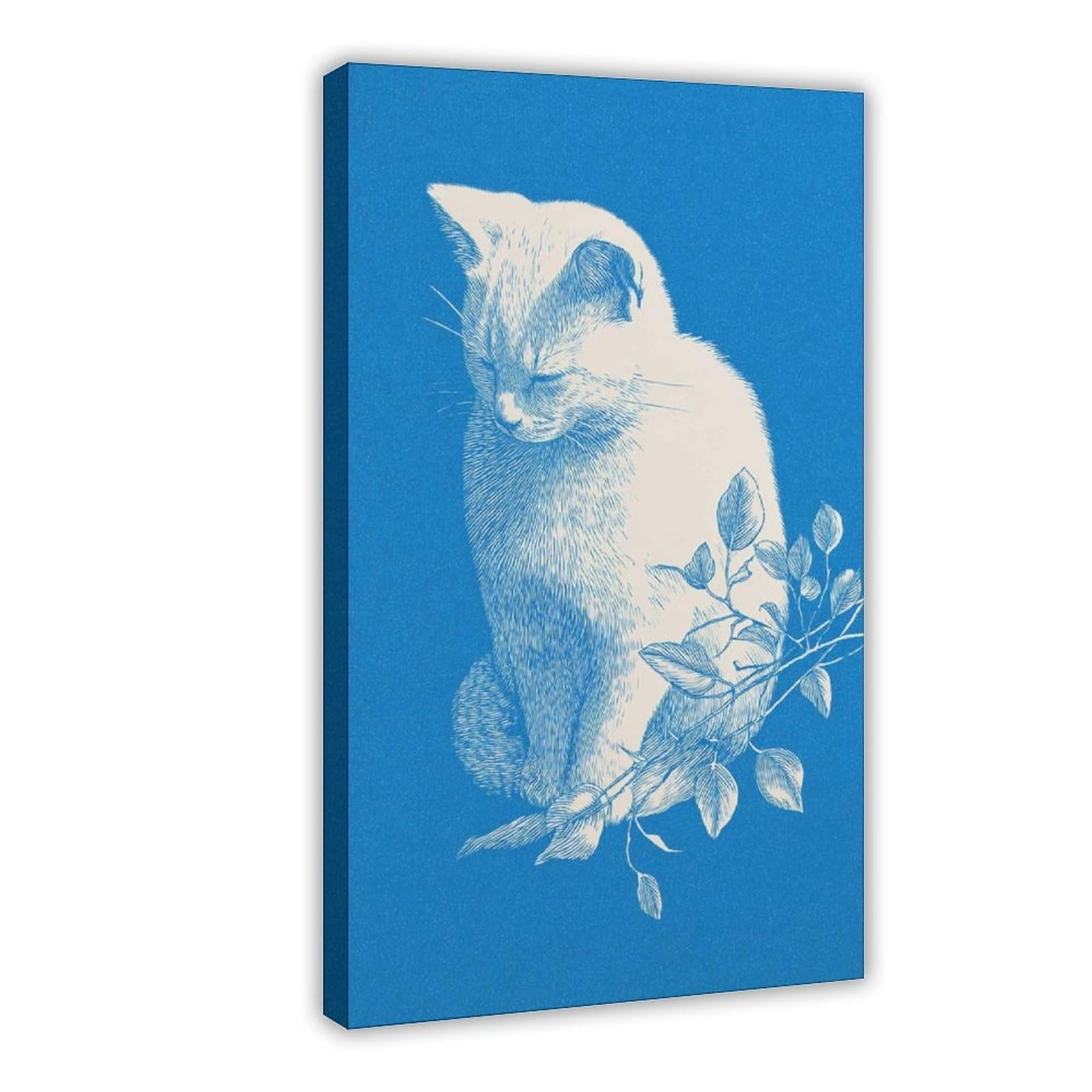 Qnvjqkdsi Frame Blue Cat Vintage Art, Minimalist Animal Poster Canvas Poster Bedroom Decor Landscape Office Room Decor Gift 20" L X 30" W