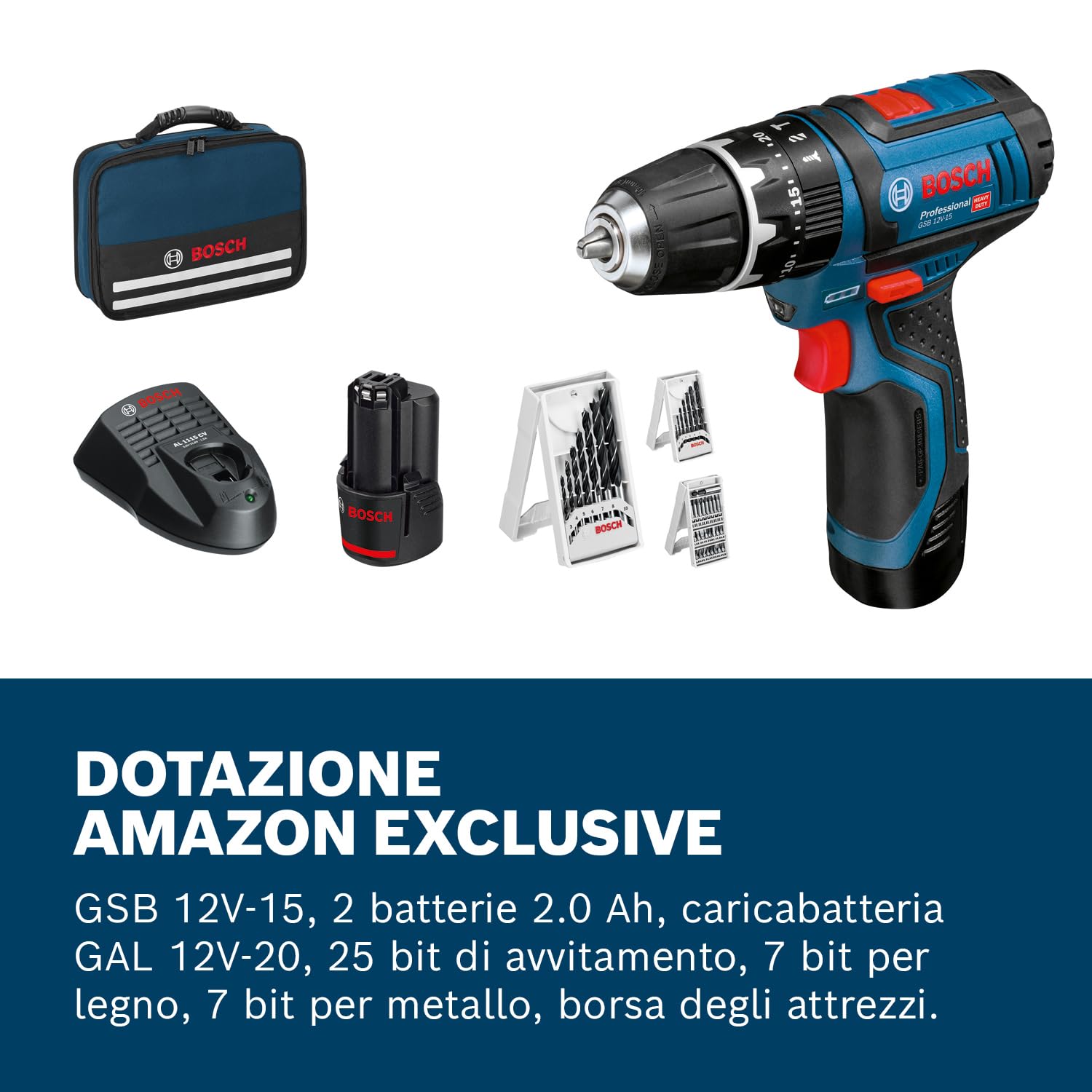 Bosch Professional 12V System Trapano-avvitatore con percussione a batteria GSB 12V-15 (incl. 2 batt. da 2.0Ah, caricabatteria, set di bit da 10 pz., valigetta professionale)