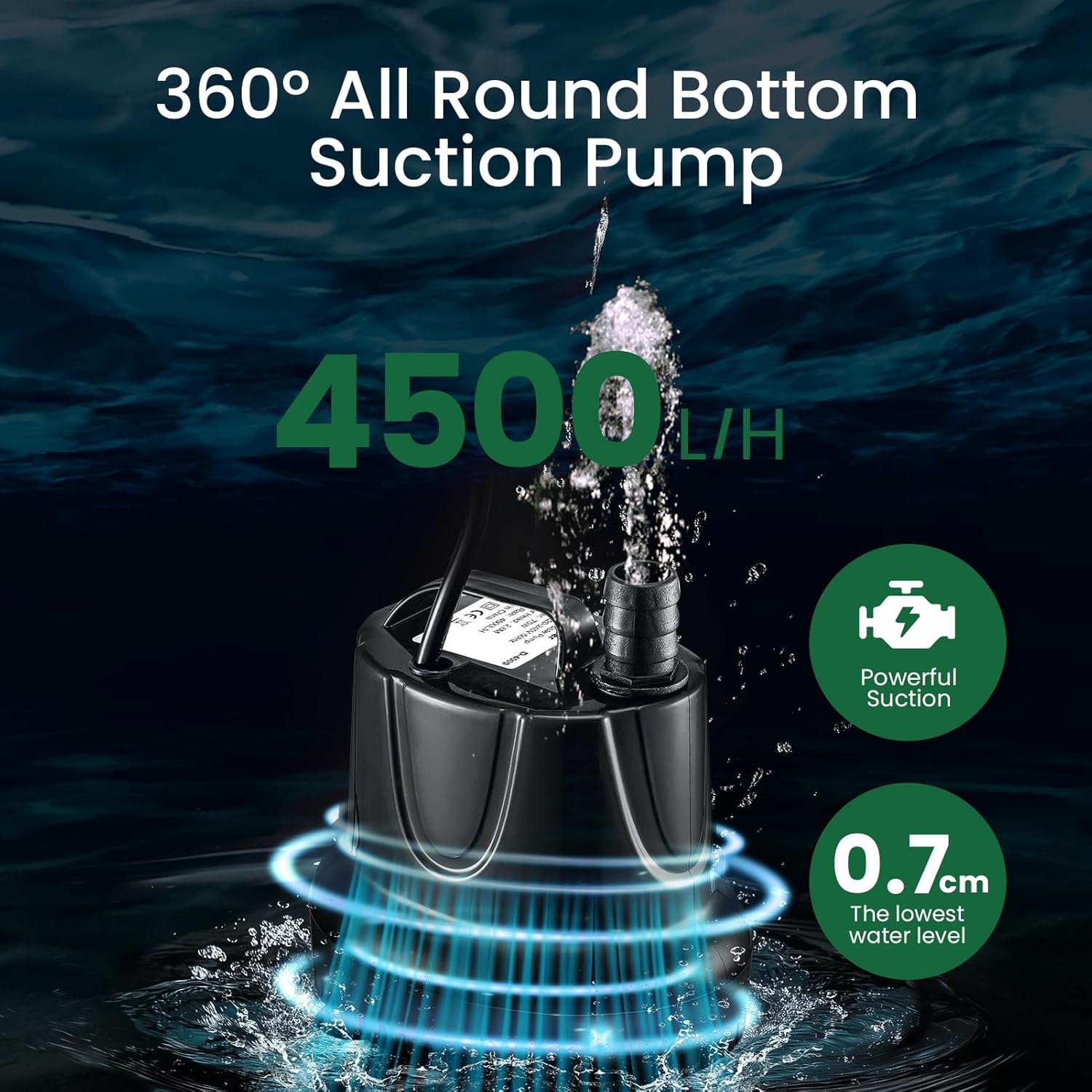 Diagram of pump with 360 degree bottom suction and 4500L/H flow rate