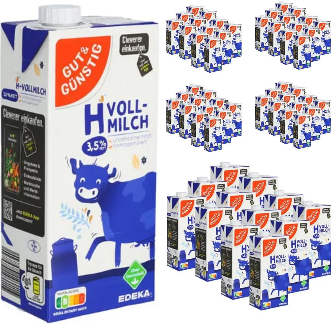 Milch Gut&Günstig fettarme H-Milch 3,5% Fett Haltbare Milch, je 1 Liter, 60 Stück mit Pufai Grocery