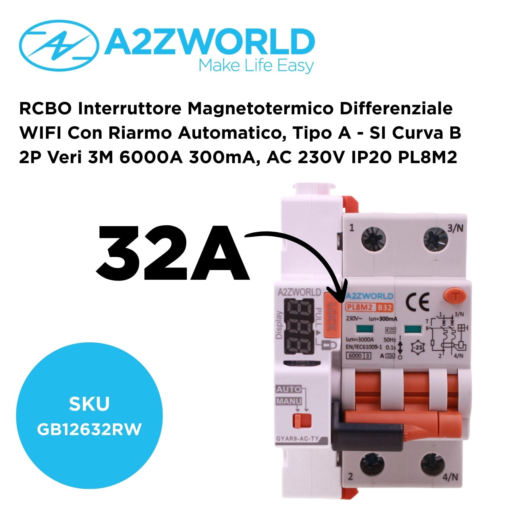 Interruttore Magnetotermico Differenziale WIFI Riarmo Automatico, RCBO Tipo A Curva B, Idn 300mA / 0.3A, In 32A, APP Tuya Smart Life, 2P Veri 6kA, 3 Moduli, Controllo Remote e Manuale
