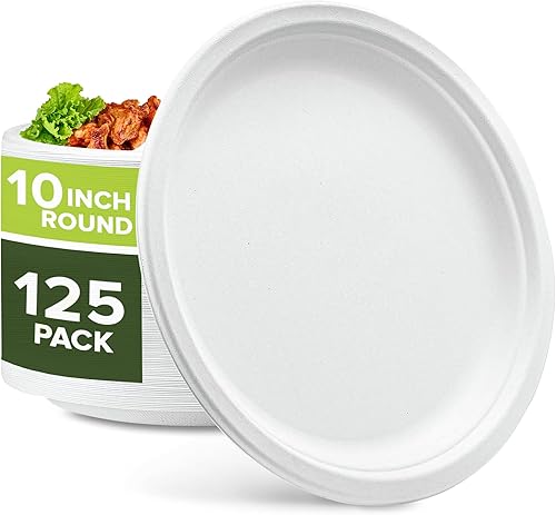 100% Compostable, Natural Paper plates 10 Inch 125 Pack Super strong Made from Sugarcane, Eco Friendly For Wedding, BBQ, Birthday, Party, Picnic,