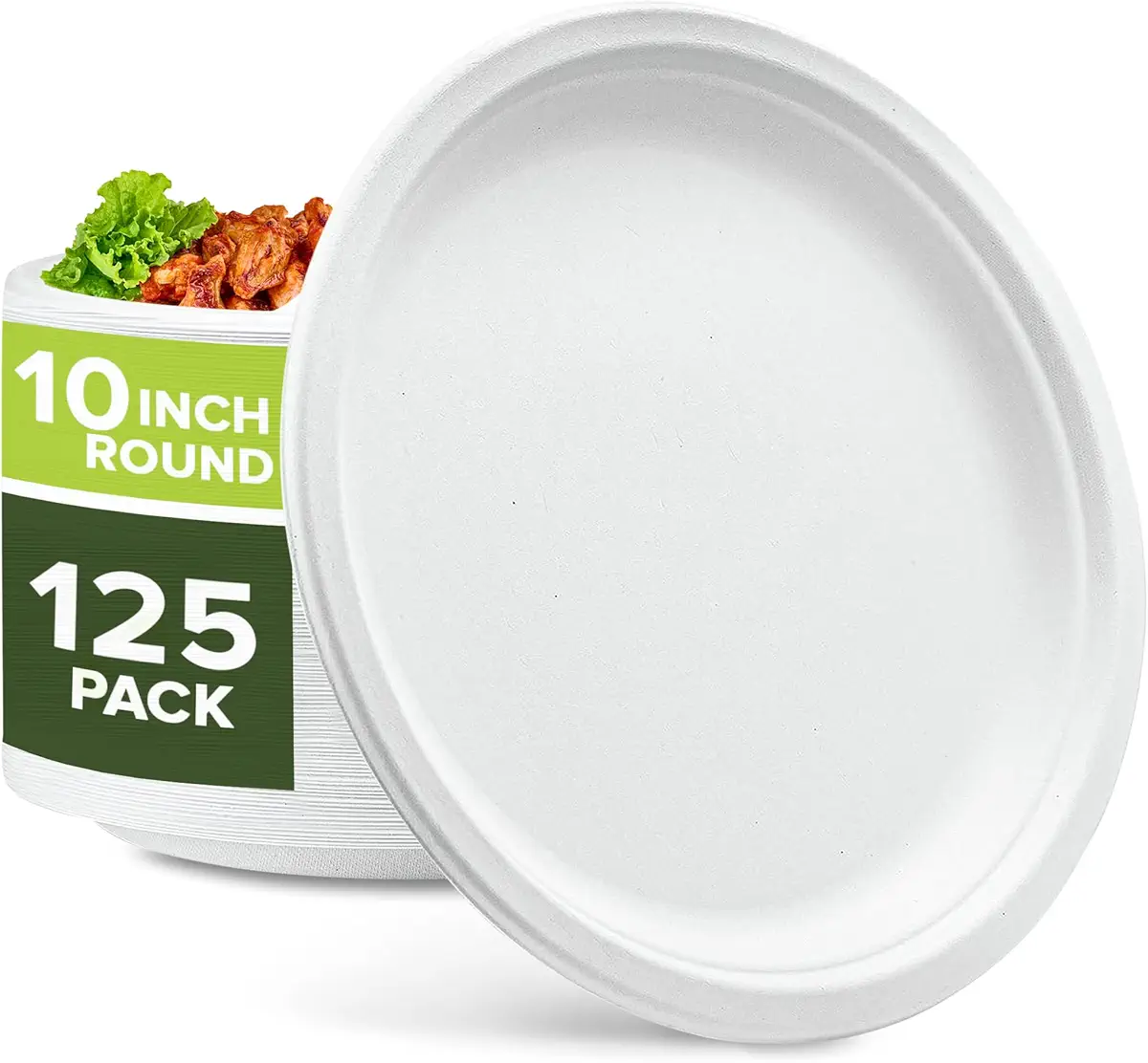 SALAR COMPANY PRODUCTS 100% Compostable, Natural Paper plates 10 Inch 125 Pack Super strong Made from Sugarcane, Eco Friendly For Wedding, BBQ, Birthday, Party, Picnic, and thanksgiving