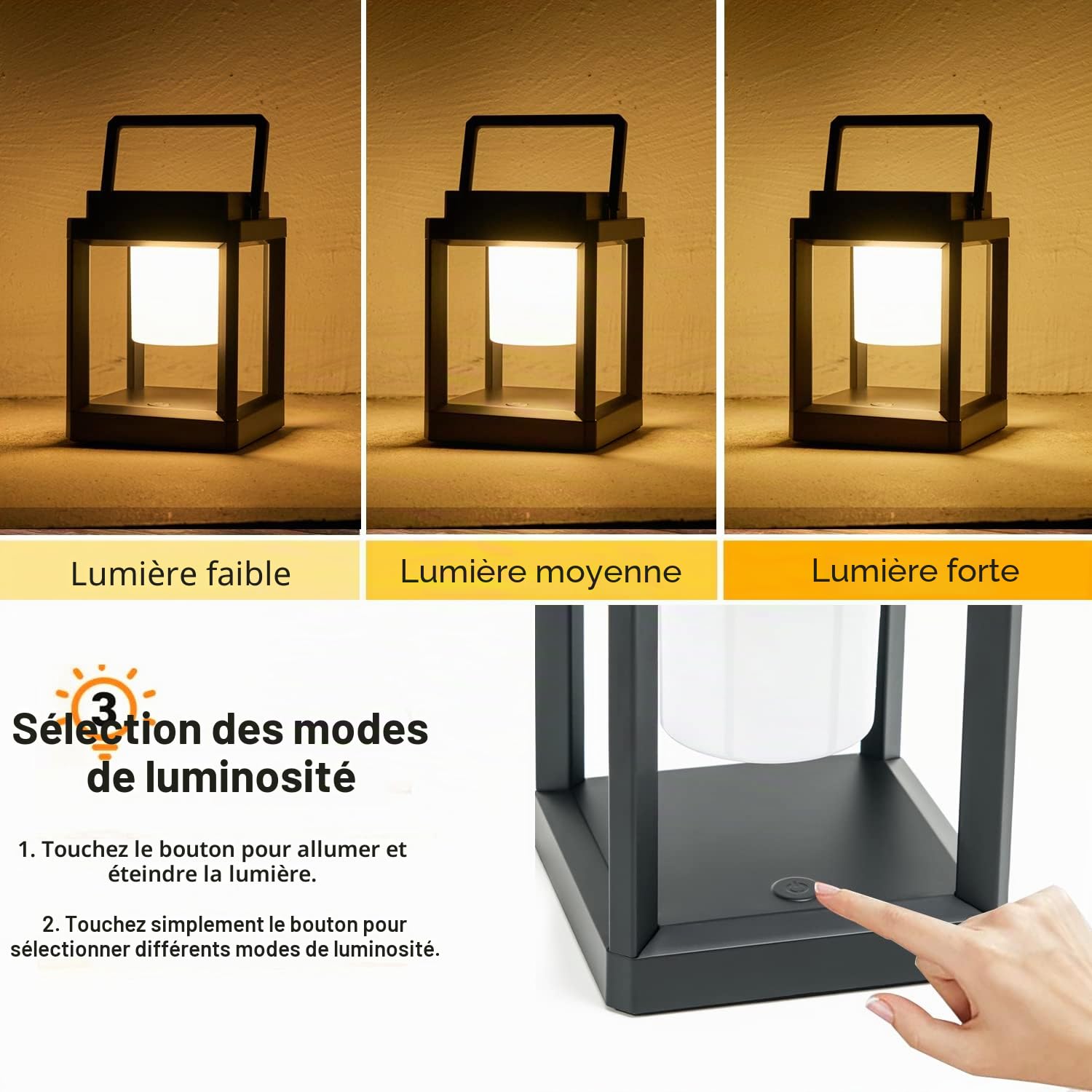 Lampe de Table LED Rechargeable Solaire 3 Niveaux de Luminosité Contrôle Tactile Lampes de Chevet étanche Lanterne Solaire Extérieur Pour Terrasse Camping Lecture