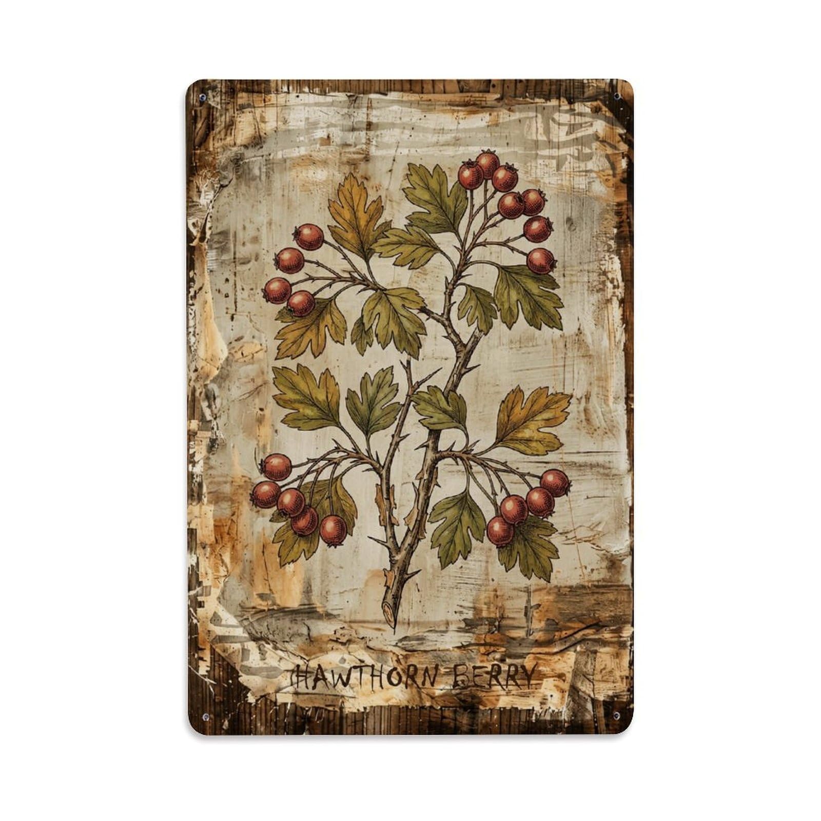 Hawthorn Berry Botanical Vintage Metal Tin Sign Plaque Wall Decor for Cafe, Club, Garden Metal Poster 8x12Inch