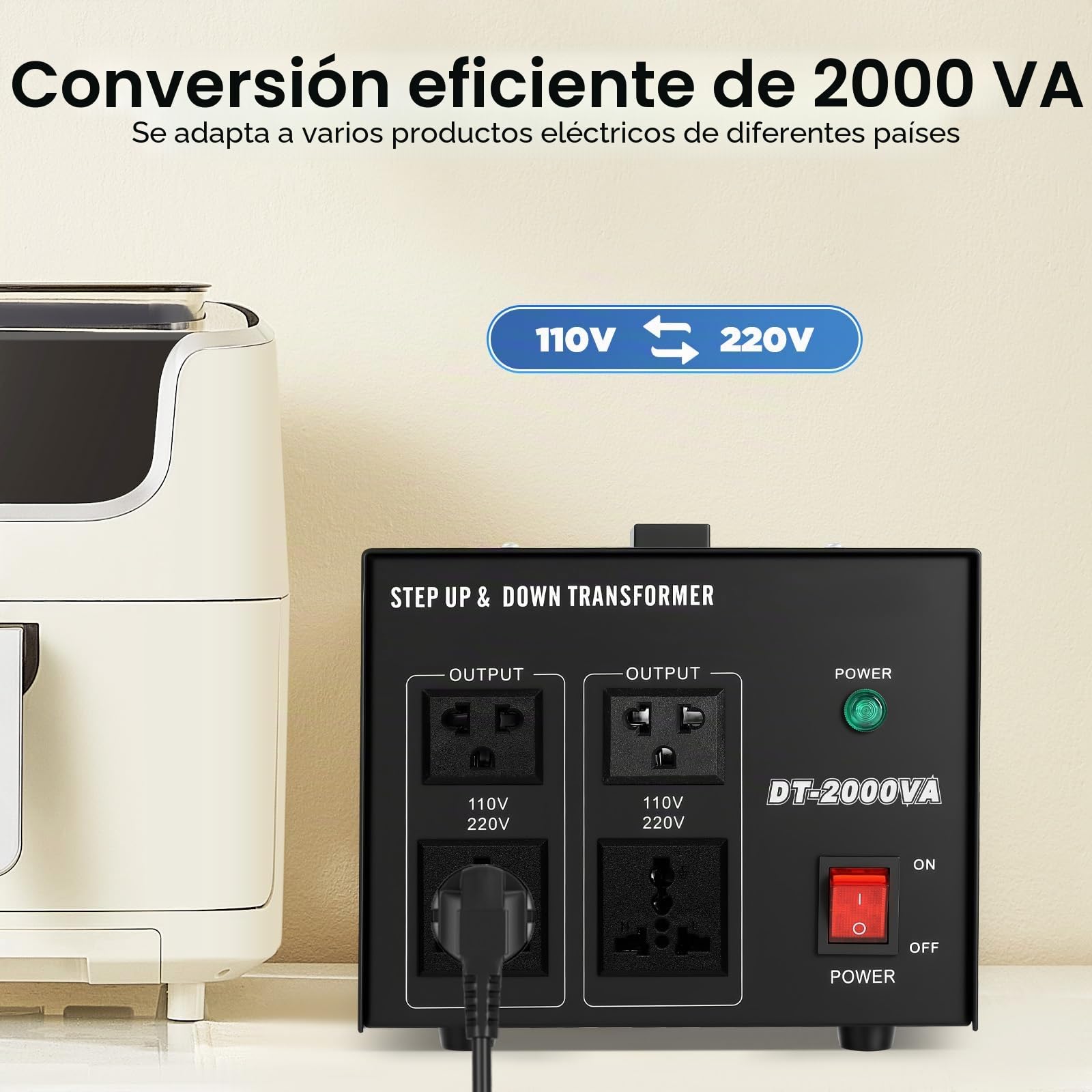Transformador de voltaje 220 V a 110 V convertidor de voltaje step-up/down 2000 W, para aire acondicionado, frigorífico, lavadora, ordenador, TV, ventiladores eléctricos