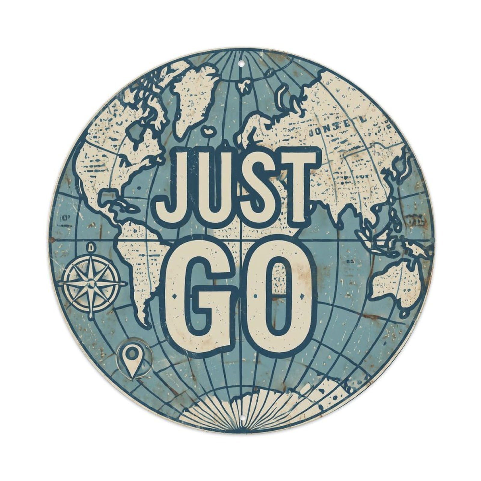 Vintage World Map with Compass Just Go Longitude Metal Tin Sign