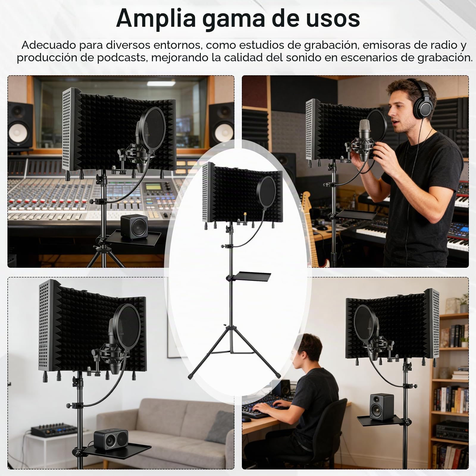 Insonorización De Micrófonos, 5 Paneles Pantalla Antiviento De Espuma Acústica Con 180cm Trípode Para Adaptadores De Micrófono De 9,5 mm A 16,5 mm Para Equipos De Grabación Y Estudio