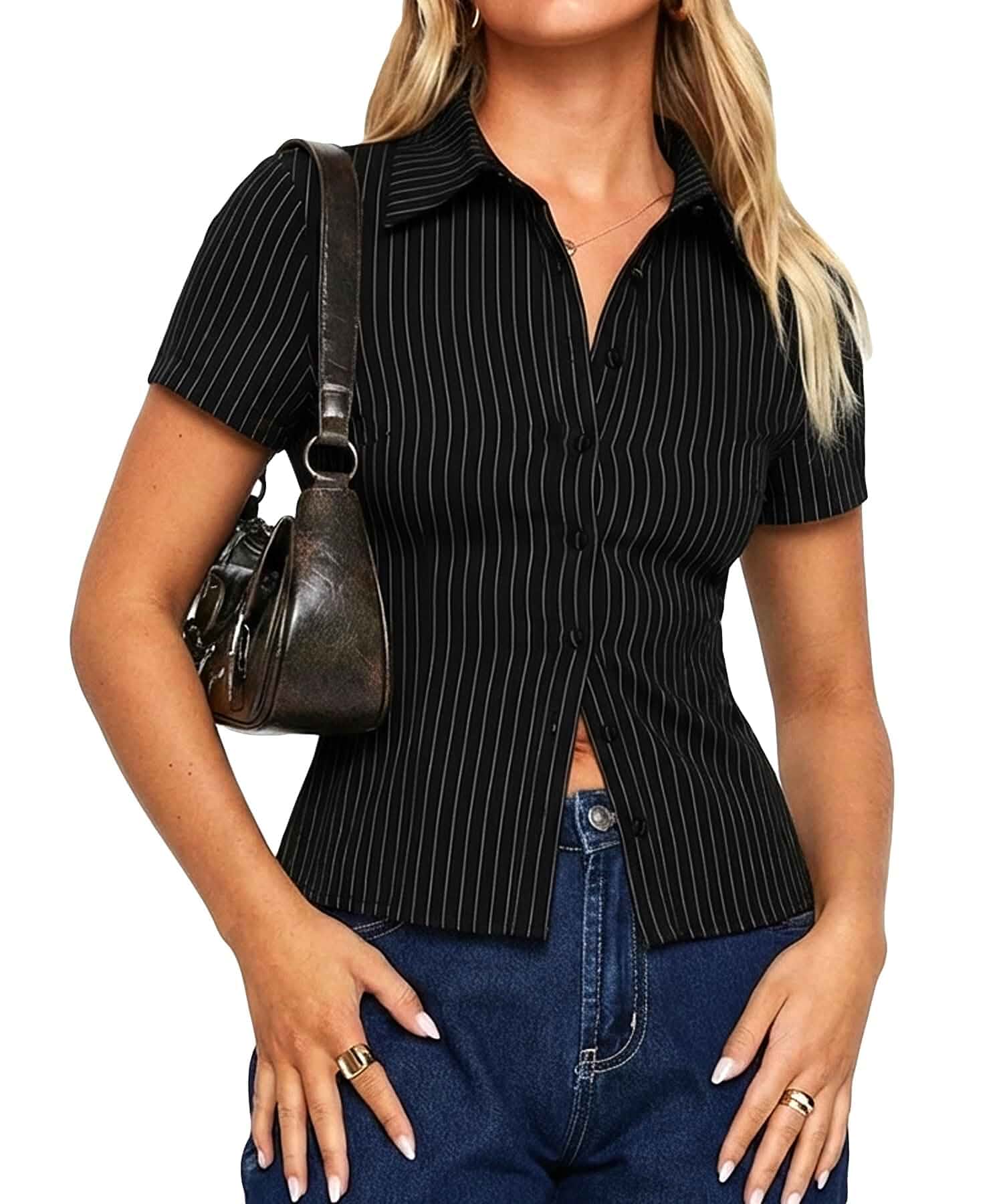 Coloquin Womens Short Sleeve Striped Fitted Button Down Shirts Collared Office Work Blouse Tops