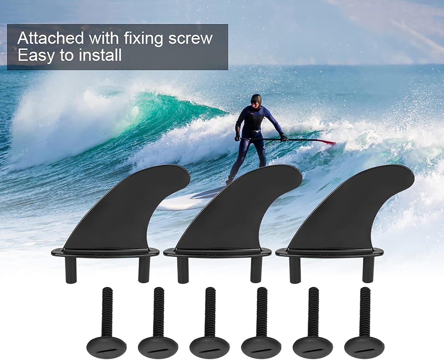 VBESTLIFE Paddle Board FinS, 3Pcs Soft Rudder Surboard Fin Rudder Top Skeg Longboard Surfboard Fin Accessory with 6 Fixing Screws(Black)