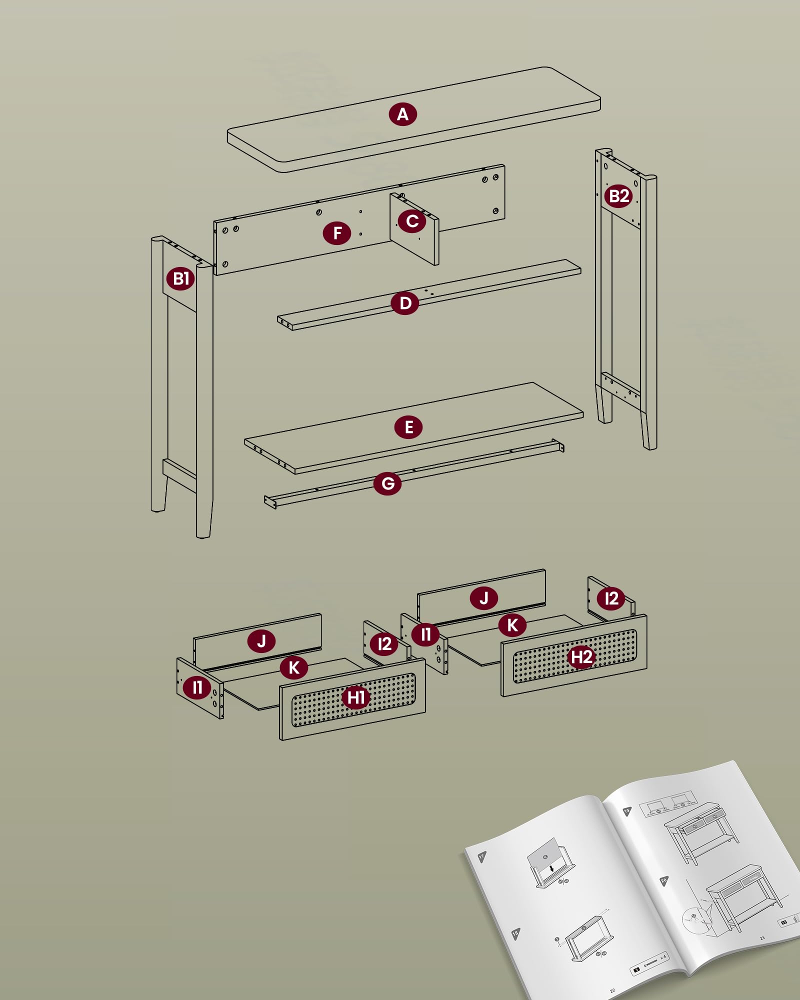 VASAGLE stolik konsolowy do przedpokoju, mebel przedpokojowy, wąski stolik sofa do salonu, z 2 szufladami, otwarta półka, zaokrąglone rogi, styl Boho, jesion czarny, LNT016B21
