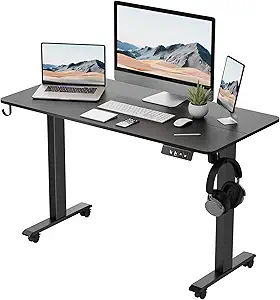 TIQLAB Standing Desk 47 x 24 inch, Electric Height Adjustable Desk with Splice Board, Stand Up Desk, Sit Stand Computer Desk for Home Office, Black Frame/Black Top