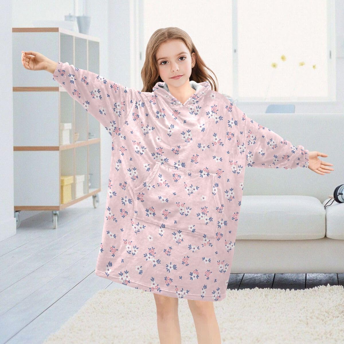 Różowy kwiat dziecięcy koc do noszenia bluza z kapturem oversize bluza koc sweter kwiatowy lato dla chłopców dziewcząt w wieku 3-14 lat