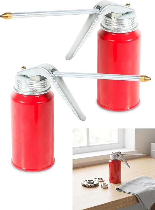 2 PCS Oil Can Pump Oiler, Metal Pump Sprayer Engine Oil Dispenser, Manual Hand Pump Oil Squirt Can With Spout, Portable Oil Container for Car, Motorcycle and Engine Maintenance (Red)