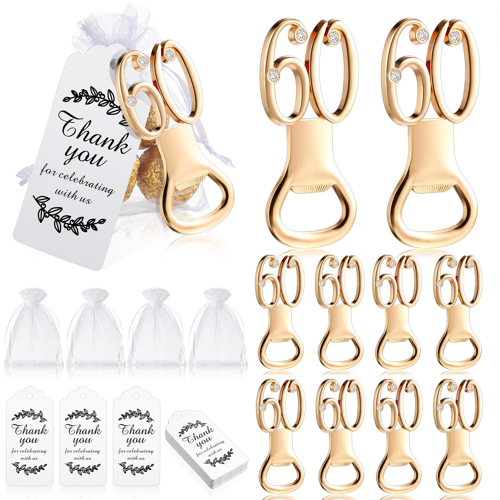 50 Pieces Golden Bottle Opener Set Birthday Party Favor Opener with White Sheer Organza Bags Thank You Tags Birthday Wedding Anniversaries Souvenirs Favors Gifts Decorations for Guests (60th)