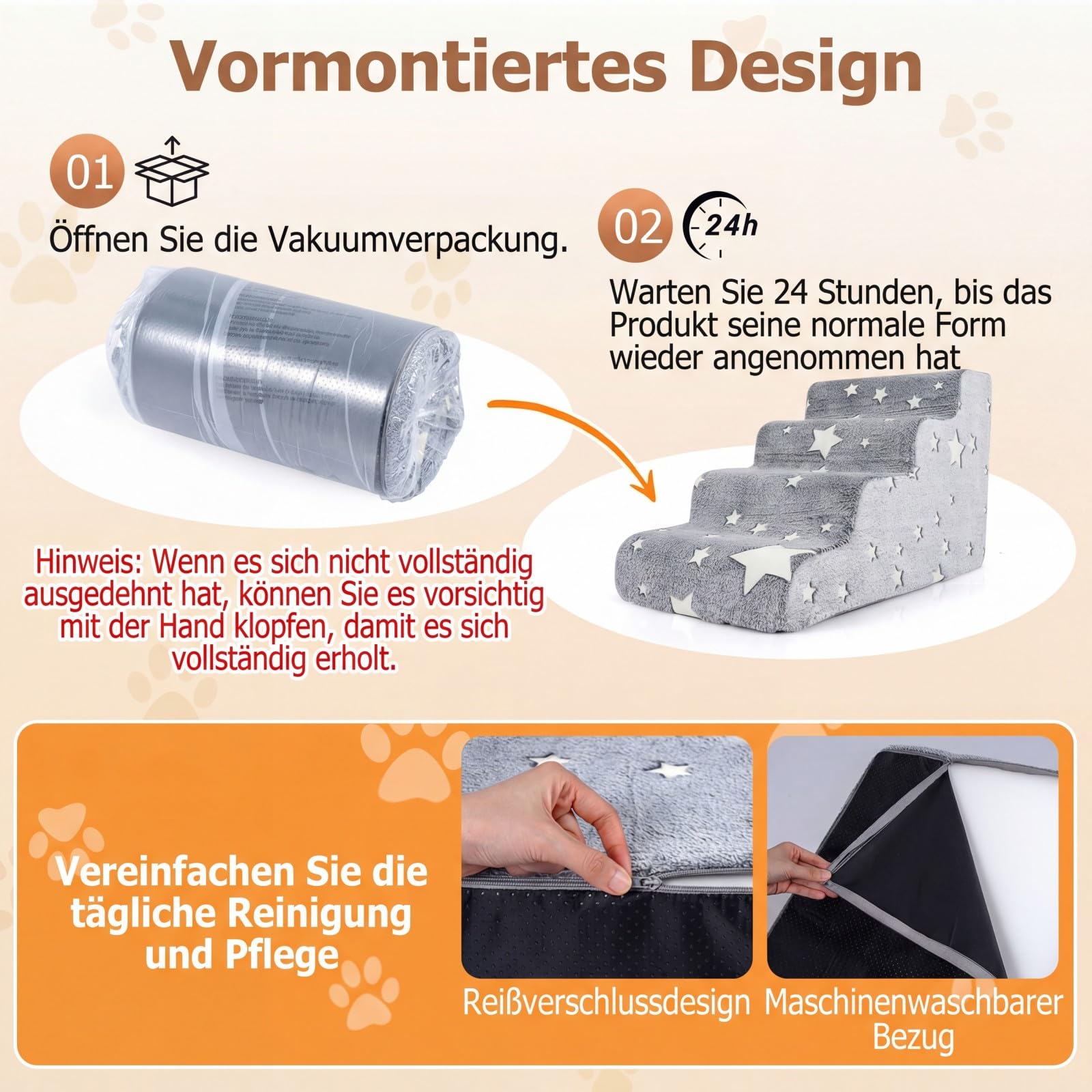 DREAMADE Hundetreppe 50 cm Hoch mit leuchtenden Mustern, Haustiertreppe aus hochdichtem Schaumstoff mit waschbarem Bezug, Katzentreppe mit Rutschfester Boden, für Couch, Sofa & Bett (4 stufig)