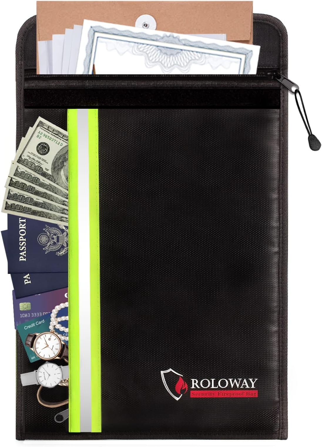 Fireproof Envelope for Cash, Legal Documents Safe (15 x 11 inch) with 2 Pockets & Waterproof Zipper, Black