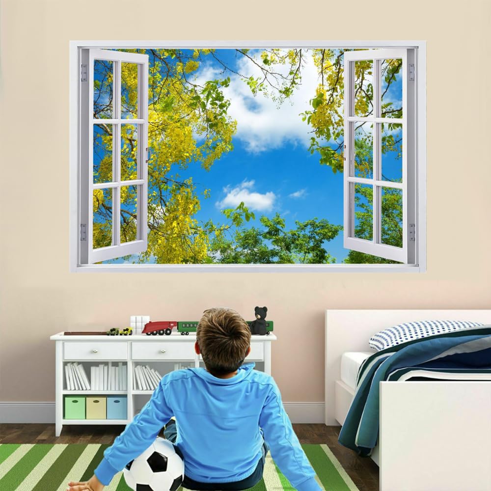 Efecto De Pared Rota 3D Árbol Nubes Blancas Pegatinas De Pared Impermeables Arte Extraíble Paisaje De Primavera Calcomanía De Vinilo Para Pared Para Niños, Niñas, Guardería, Hogar, Decoración De Pared
