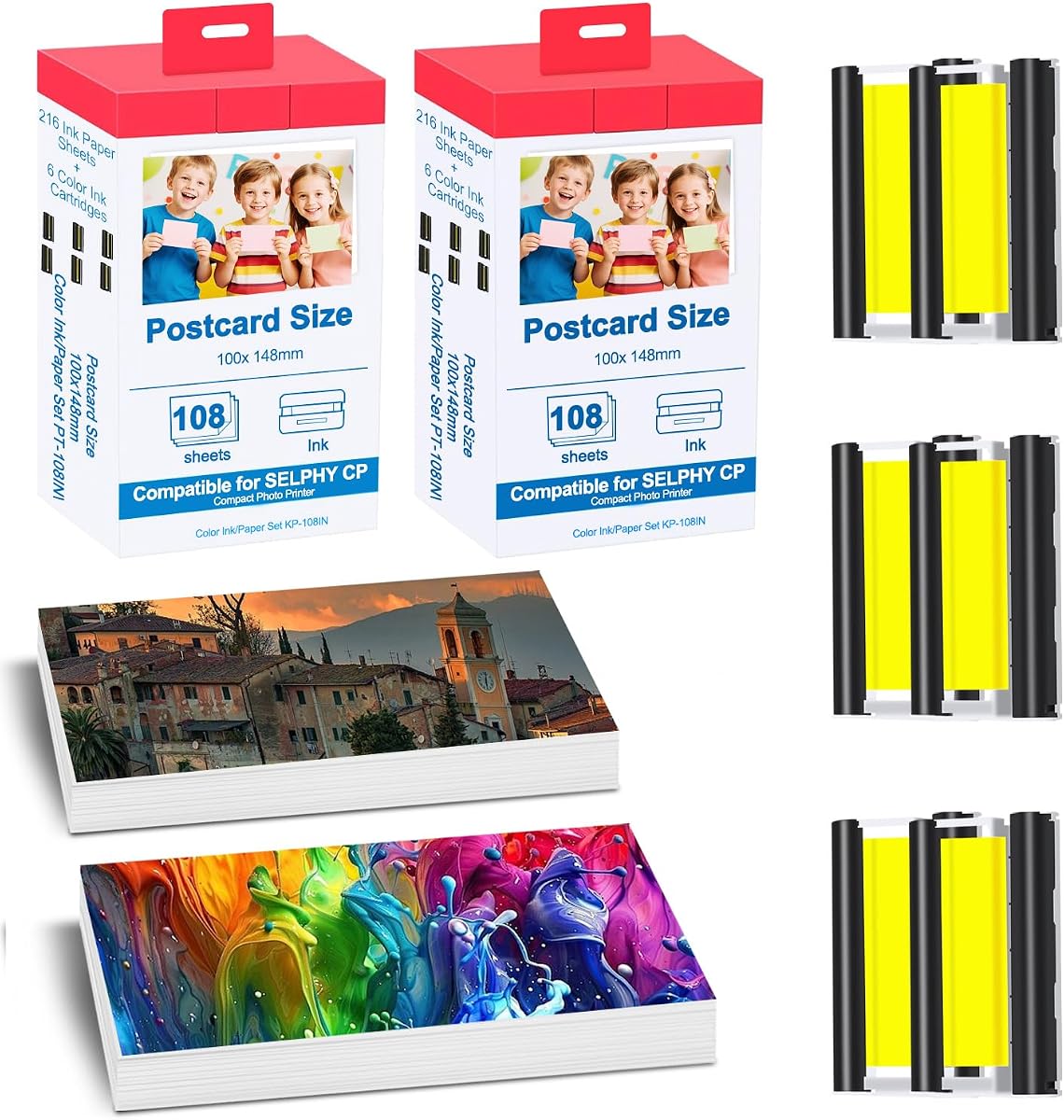 2 Pack Value Combo Pack KP-108IN Compatible for Canon Selphy CP1500 Ink and Paper Set, Includes 6 Ink Cassettes + 216 Paper Sheets for Canon Selphy CP1300 CP1200 CP910 CP900 CP1000 Printers