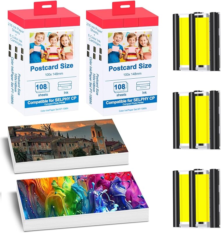 2 Pack Value Combo Pack KP-108IN Compatible for Canon Selphy CP1500 Ink and Paper Set, Includes 6 Ink Cassettes + 216 Paper Sheets for Canon Selphy CP1300 CP1200 CP910 CP900 CP1000 Printers