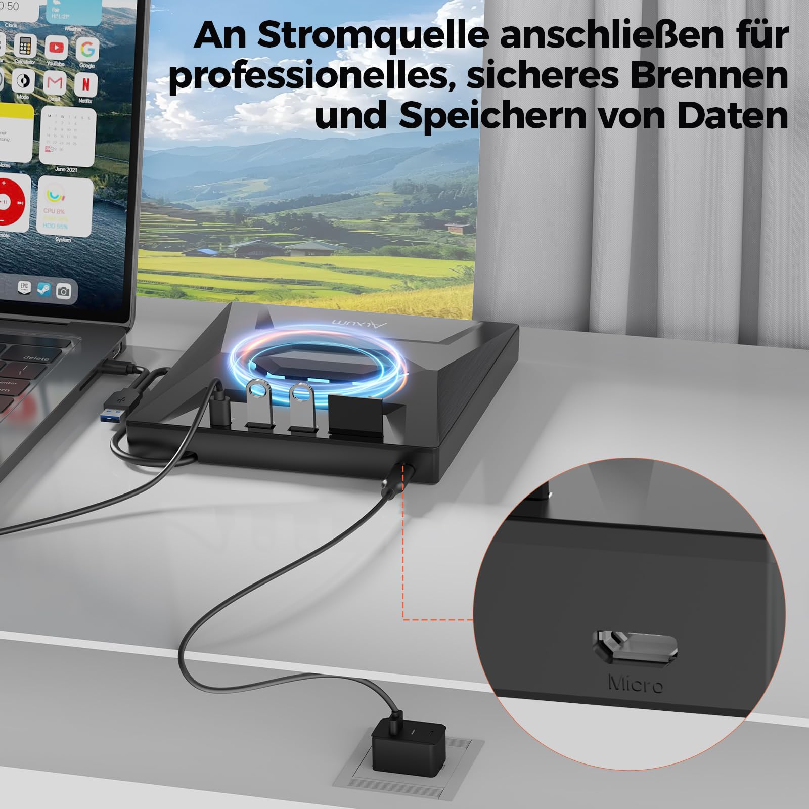 Alxum Zewnętrzny napęd CD DVD do laptopa, przenośna nagrywarka CD typu C USB 3.0 z gniazdem SD i portami USB DVD 8X CD 24X Super szybki czytnik CD/DVD dla Window/Mac OS/Linux/Vista