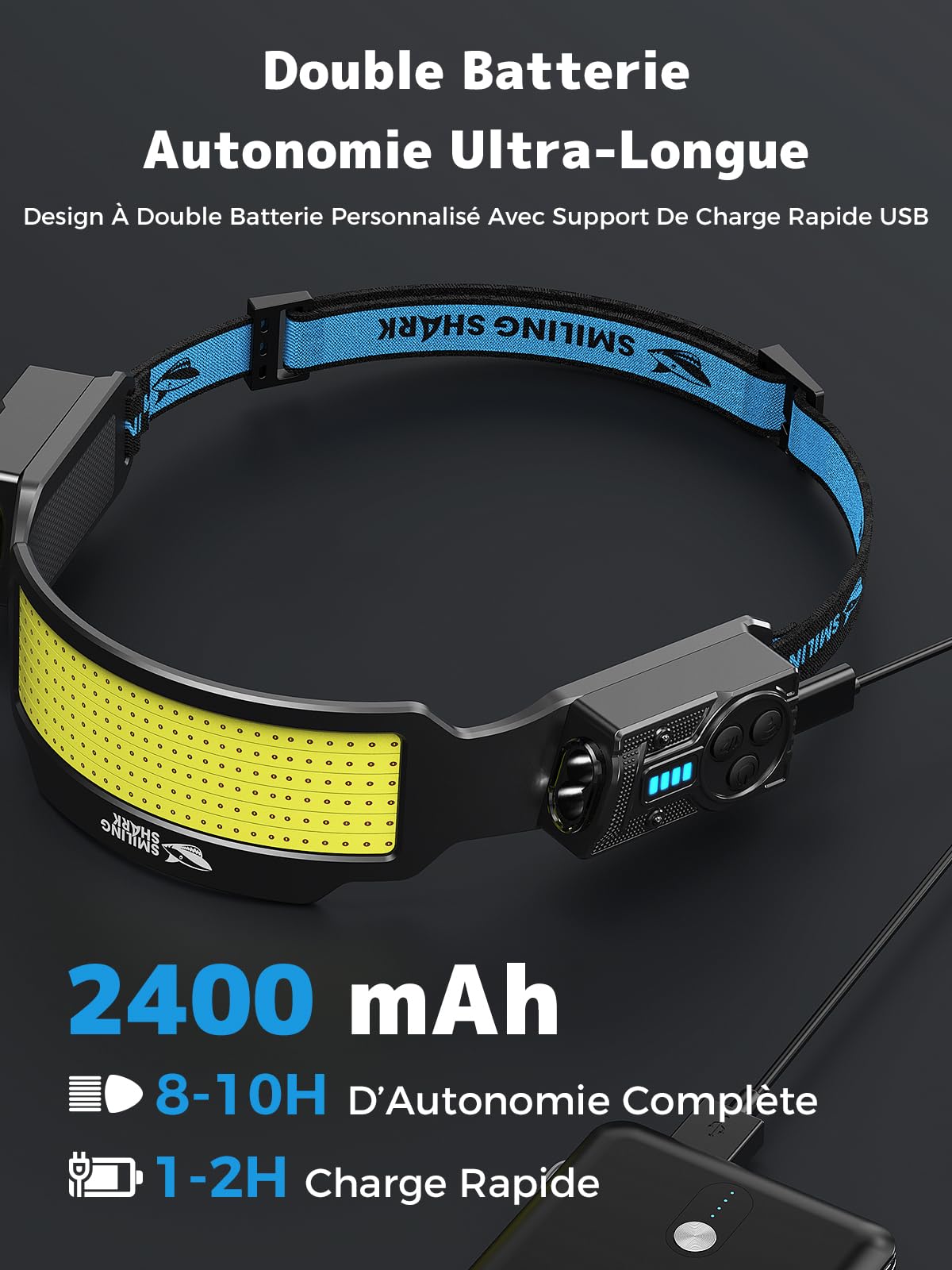 Smiling Shark TS-6 Lampe Frontale, LED Head Lamp Rechargeable 2400mAh 2x Projecteur Orientable & Flood & Strobe Headlamp avec Capteur de Mouvement pour Camping, Jogging, Randonnée, Course (1 PACK)