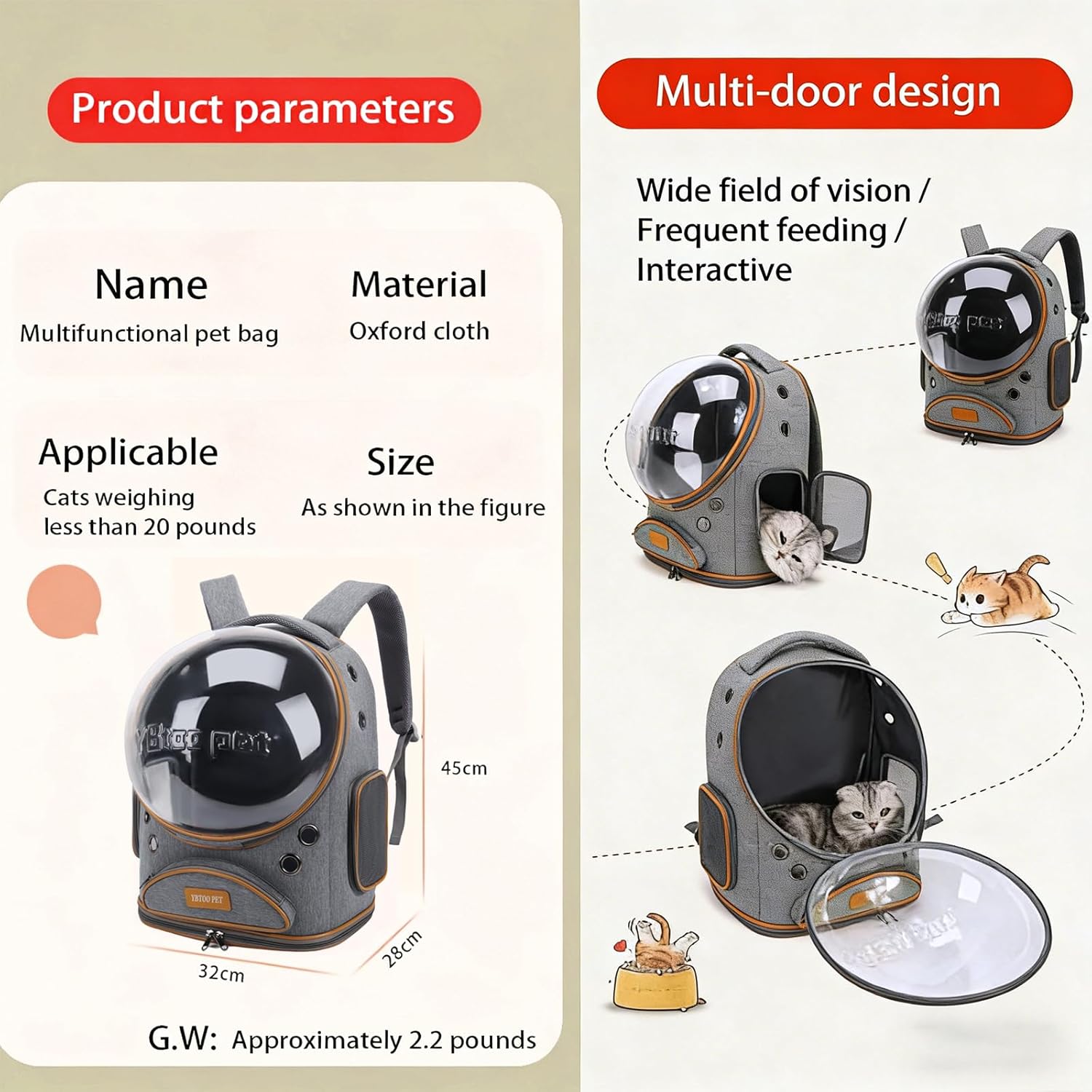 Cat Backpack Carrier, Breathable Cat Carrier Large Space Bubble Pet Backpack for Small Dog and large cat up to 18lbs, Transparent & Foldable Pet Carrier for Travel Hiking (Grey)