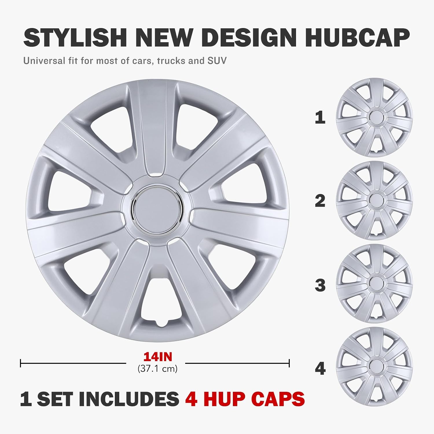 14" Wheel Rim Covers Universal Hubcaps, Hubs Snap on Car Truck SUV Exterior Wheel Accessorios - Set of 4 14 inch Silver Lacquar Wheel Cover Hubcap Replacement
