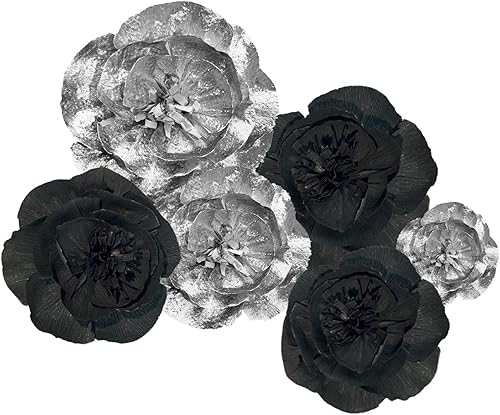 IGUO Fondo de pared de papel negro plateado con flores para el hogar, hecho a mano, 6 pompones de papel, decoración de flores, decoración de flores,