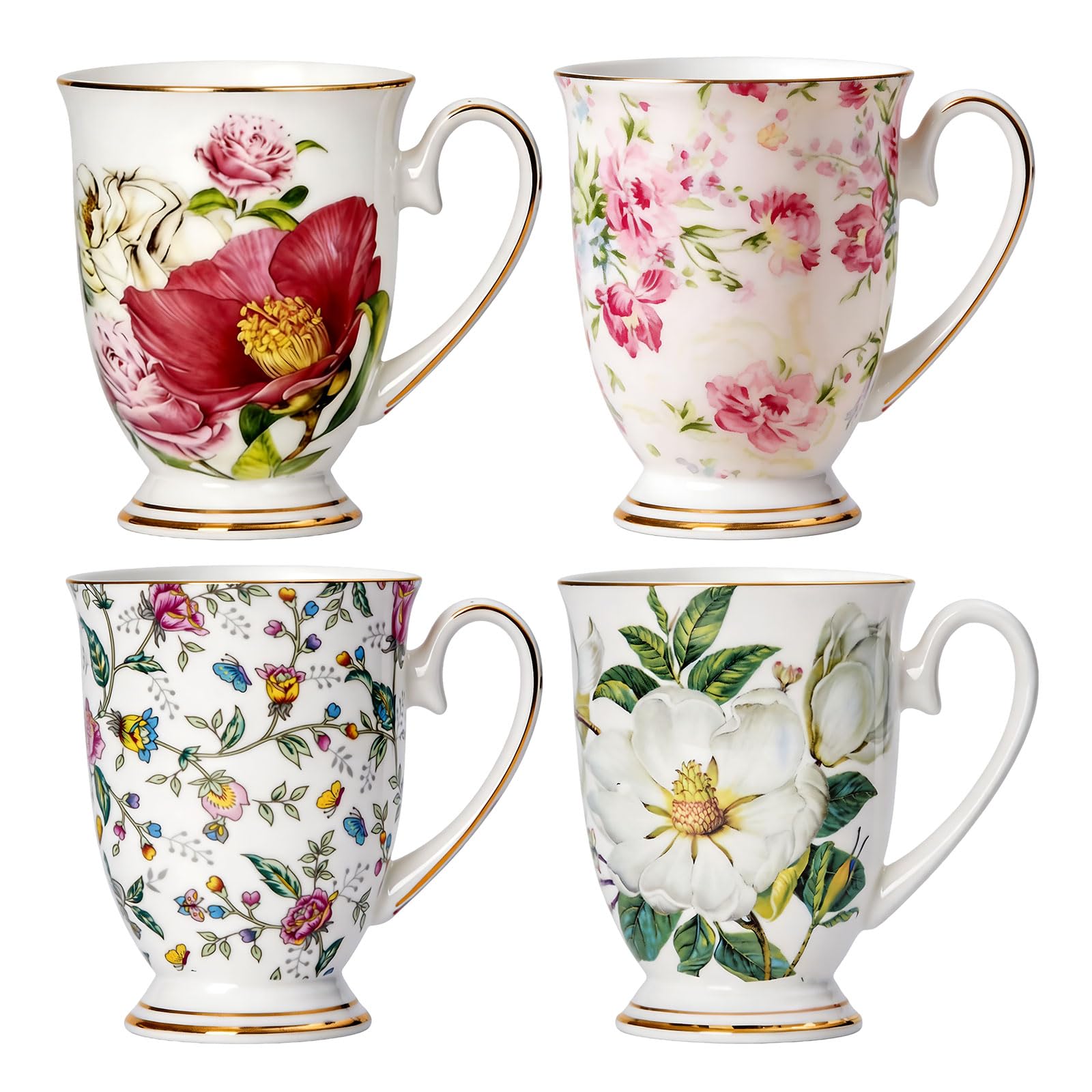 EAZHOP Bone China Mugs Set of 4, 12oz Floral Porcelain Coffee Tea Cups