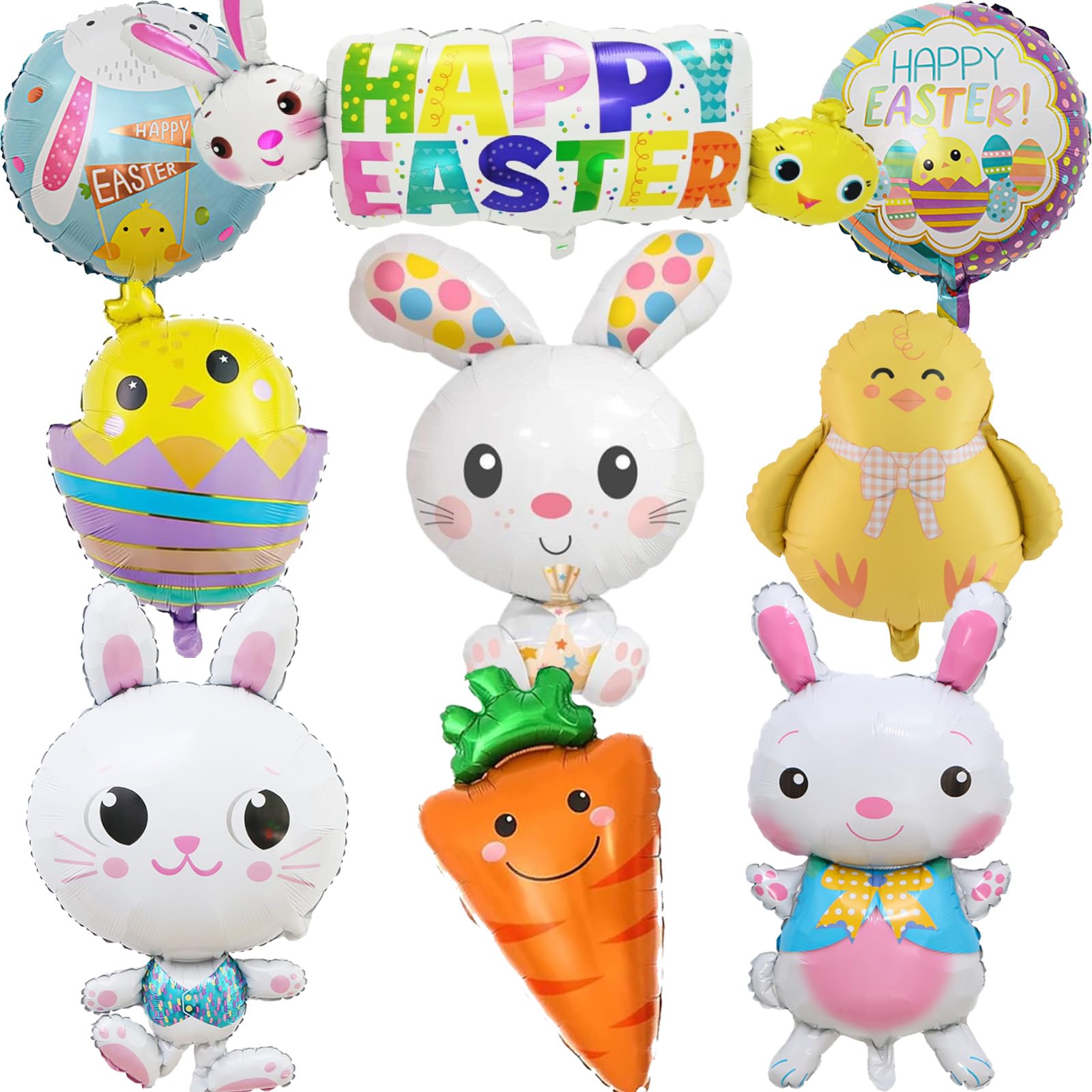 PAUBLLON Easter Balloons, Happy Easter Banner Balloon, Large Size Bunny Carrot Chick Hen Foil Balloons for Spring & Easter Party Decorations. (B)