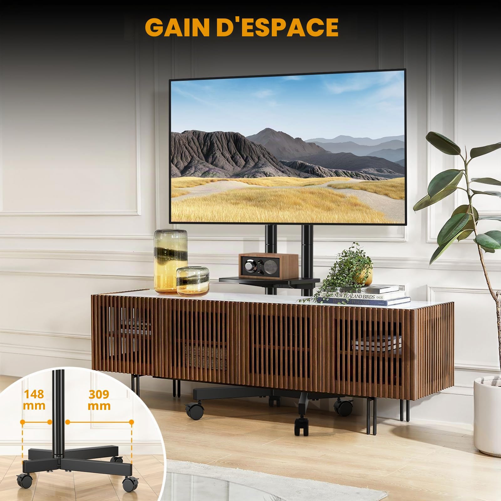 TVON Support TV sur Pied pour Télé de 32 à 75 Pouces, Réglable en Hauteur Support TV roulettes Pied TV avec Etagère Chariot Meuble TV Jusqu 'à 40 kg, Max VESA 400x400mm