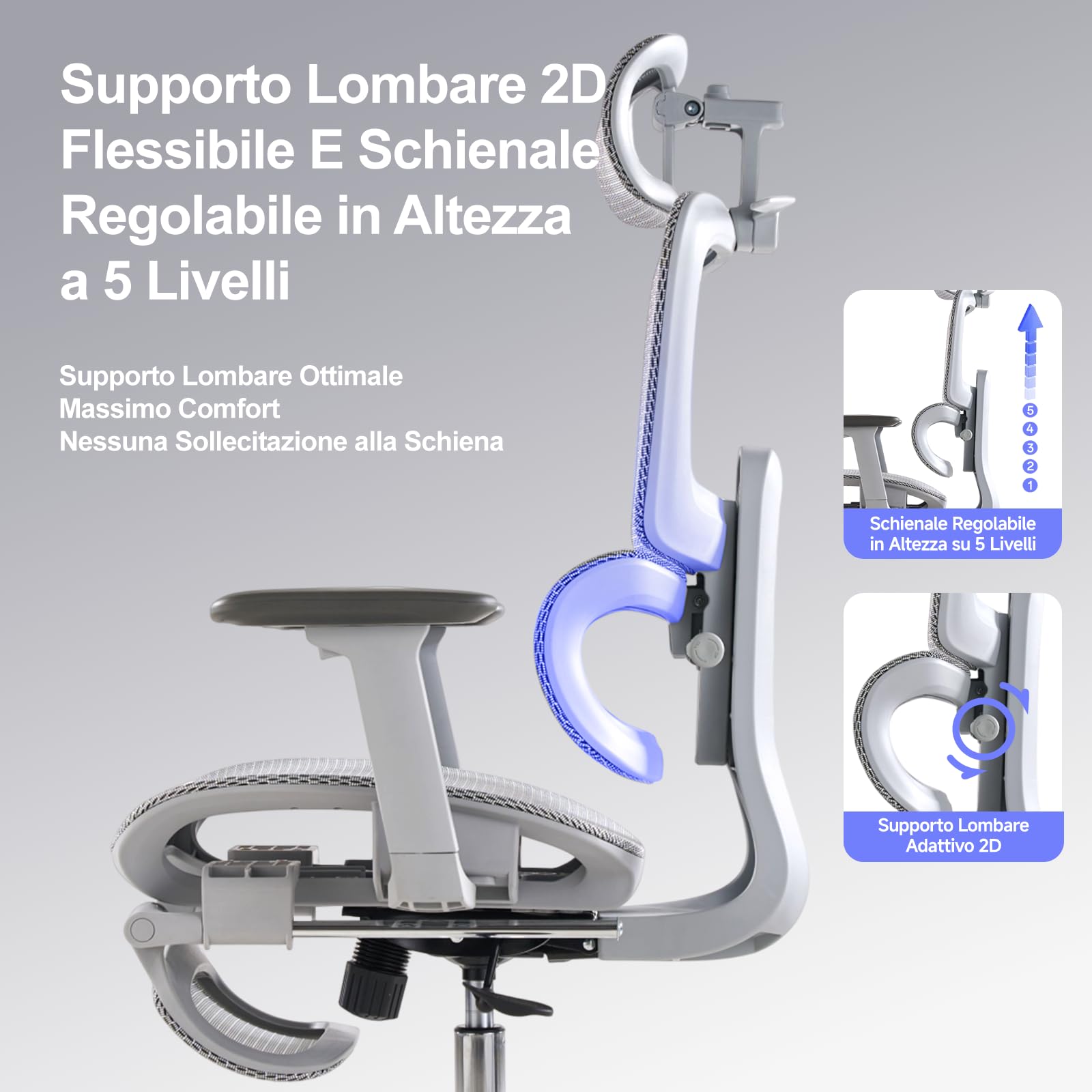 LarkLeaves Sedia Ufficio Ergonomica con Schienale Regolabile 5 Livelli/Supporto Lombare 2D per Ufficio/Casa/Gaming, Poggiatesta 3D + Cuscino Cervicale, Poggiapiedi Retrattile, Ruote Silentec, Grigio