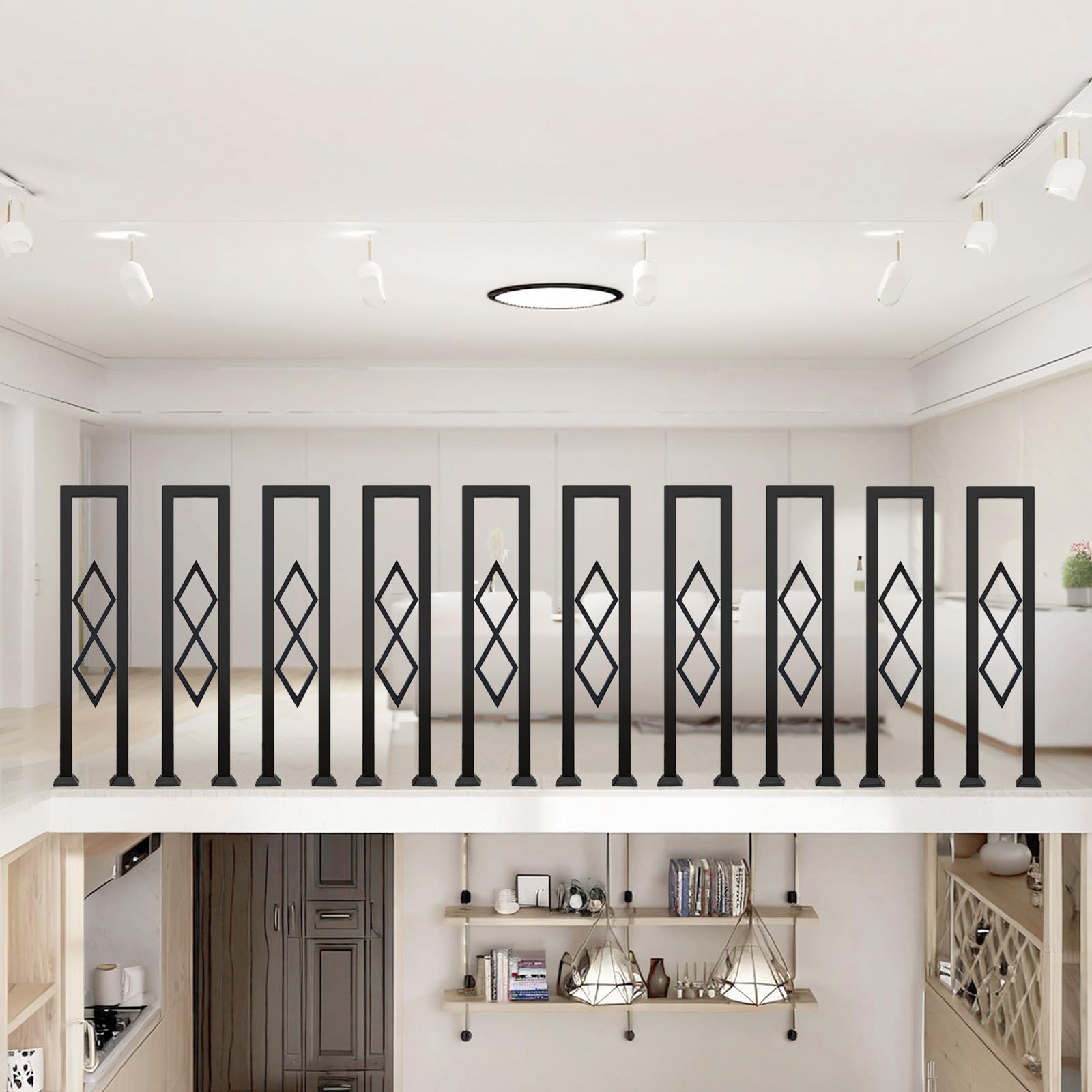 Ringhiera per Scale Forma di U, Metallo Corrimano con Diamante e Base Coperta, Passamano Interna per Loft, Balcone, Balaustra Esterna, Installazione Verticale (Nero, 90cm)