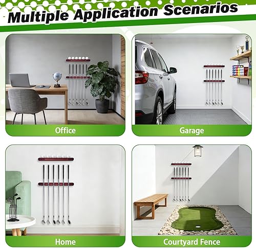 Miniatura 7 de Estante de exhibición de palos de golf montado en la pared, paquete de 2 putter de golf de madera y soporte de cuña con 6 clips seguros, estante de
