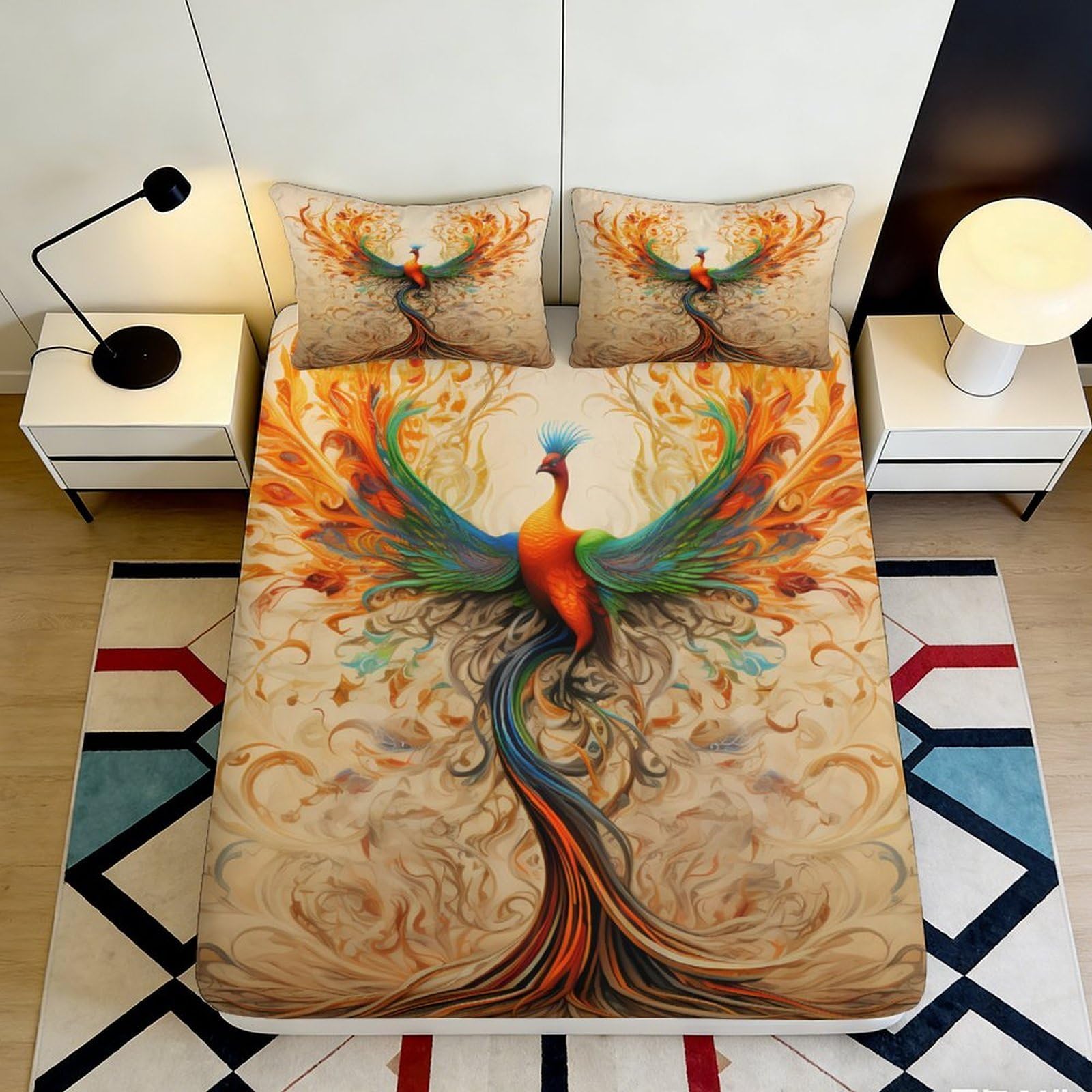 3D Printed Fiery Phoenix Fitted Sheet Microfiber Anti-Slip Mattress Cover Vibrant Art Bedding for Bedroom Guest Room 90x200x25cm