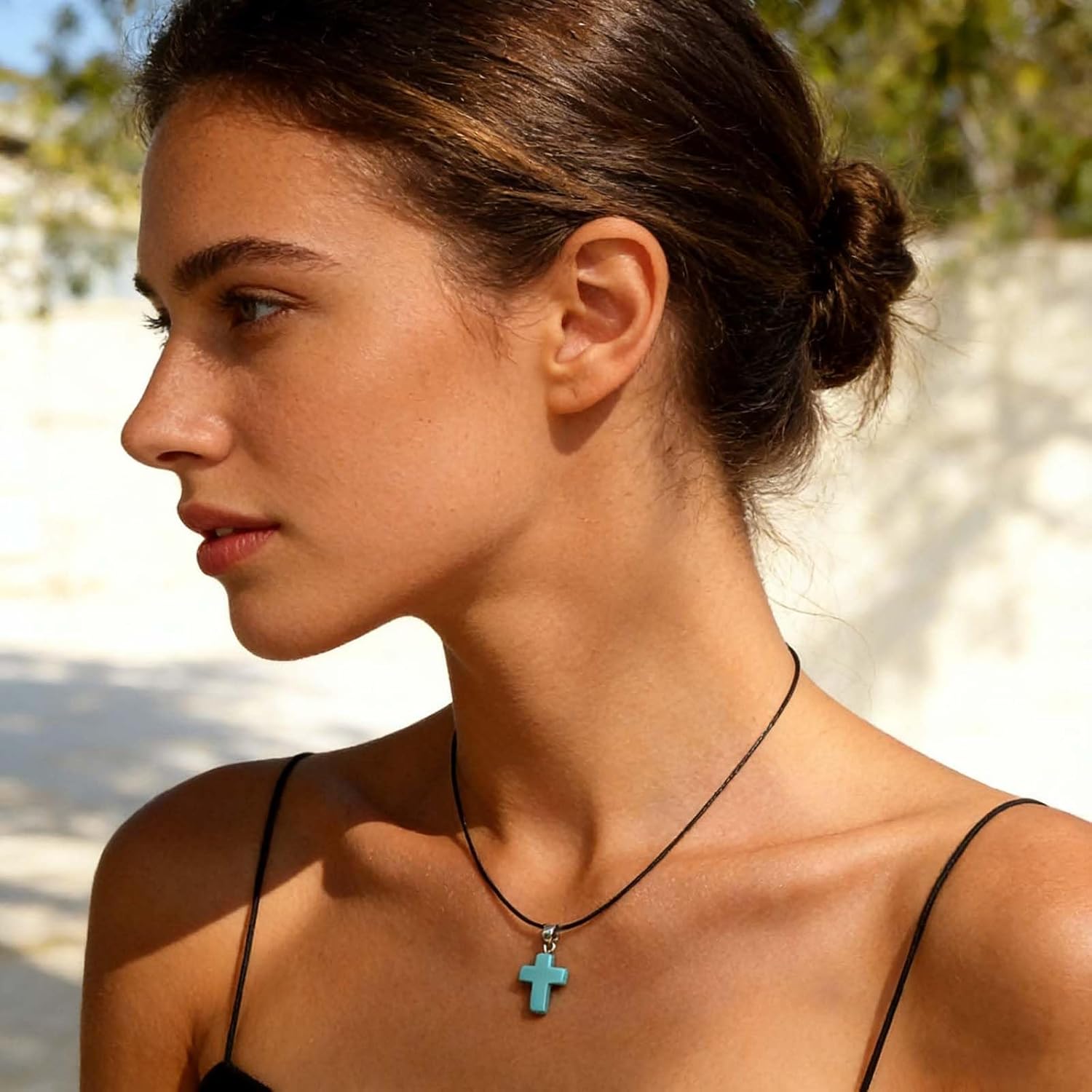 Cross Turquoise Pendant Necklace Chunky Cross Turquoise Necklace Vintage Turquoises Crucifix Collar Necklaces Black Leather Choker Necklaces Jewelry for Women - Image 5