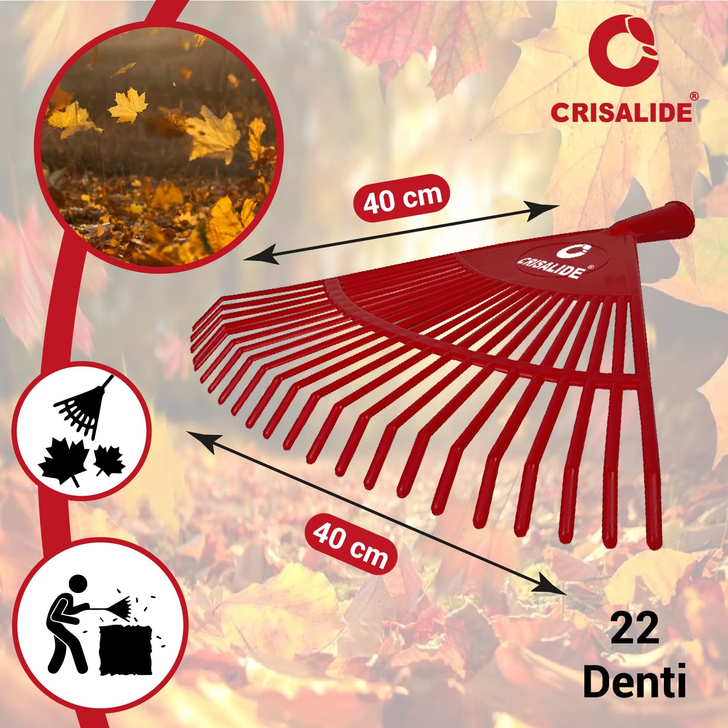 Crisalide®- Rastrello In PVC 22 Denti 40x40CM Con Barra Di Rinforzo, Completo Di Manico In Faggio 150CM, Ideale Per Foglie E Piccoli Detriti