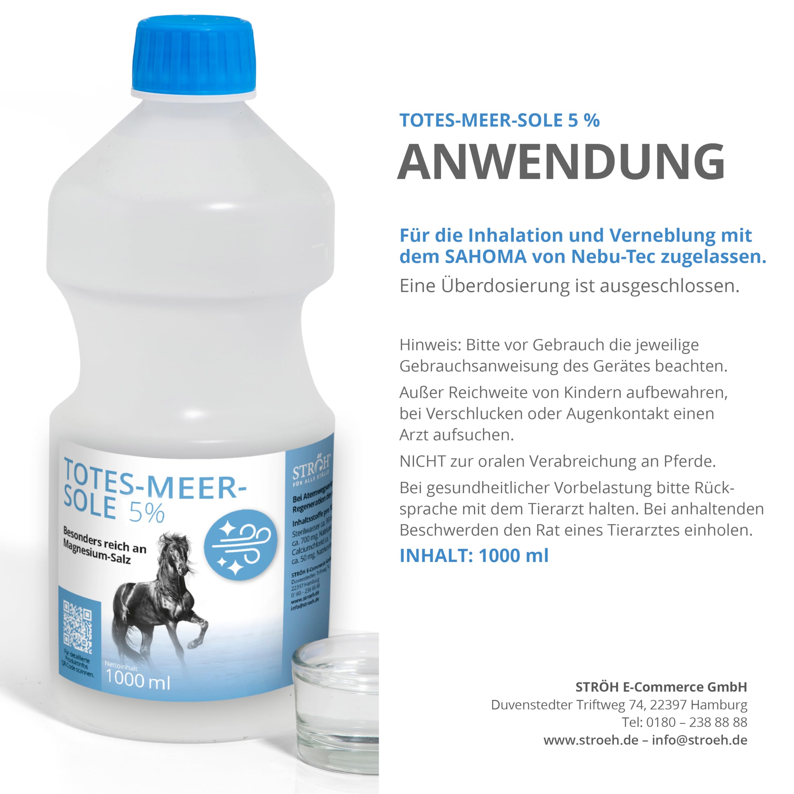 STRÖH "Totes Meer Sole 5%" (1l) Inhalation • Regeneration der Atemwege bei Pferden • Bei Atemwegserkrankungen, Allergie & Ekzeme