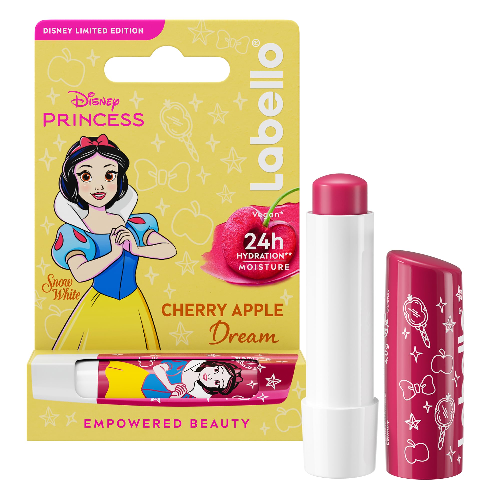 LABELLO Baume à lèvres Édition Limitée Disney Princesse Blanche-Neige Cherry Apple Dream 1x 4,8 g — Stick à lèvres hydratant pour enfants — Baume parfumé à la cerise