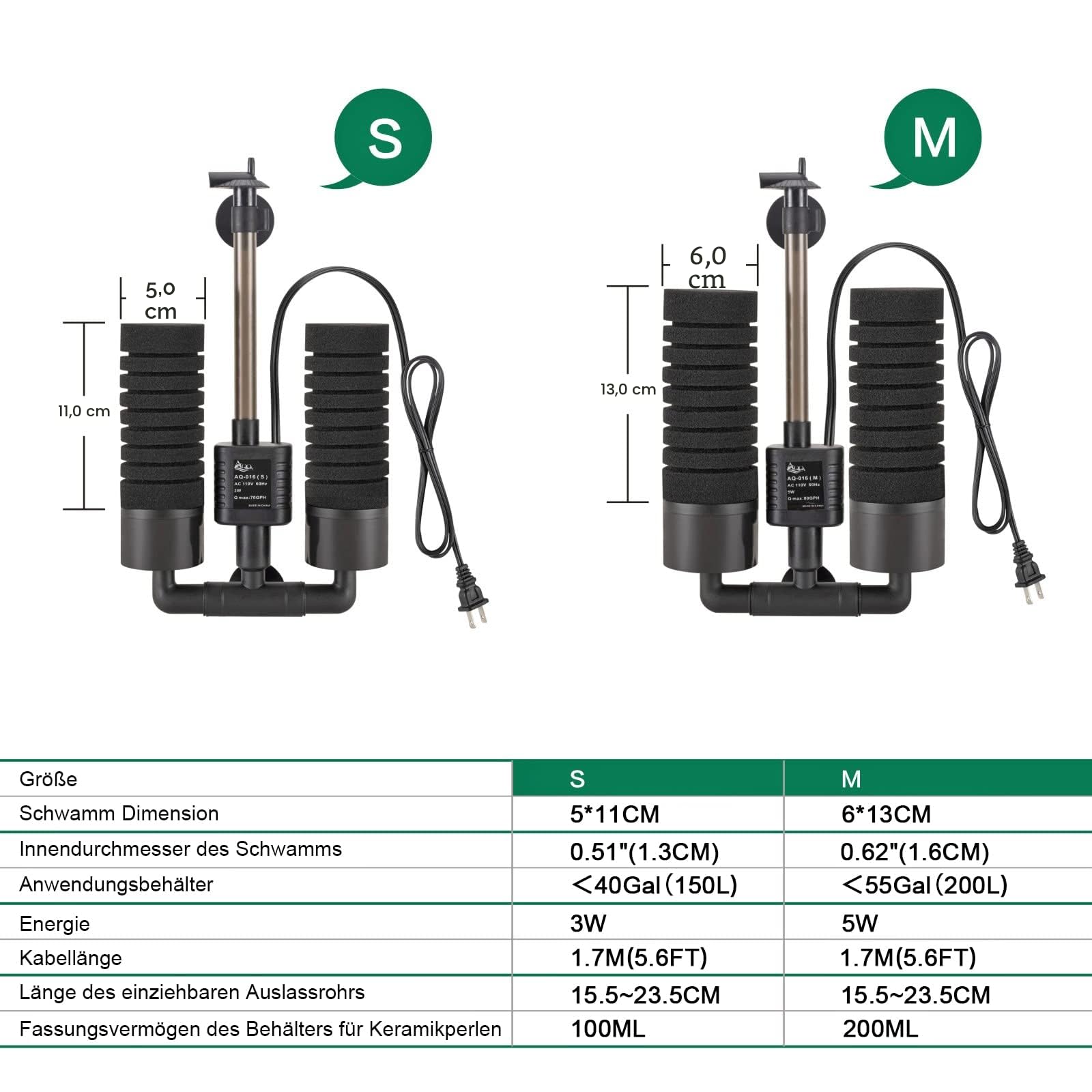AQQA Filtre éponge d'aquarium, 3/5W Filtre Double éponge électrique, Filtre Mousse à Immersion Silencieux pour filtrage Biologique et mécanique