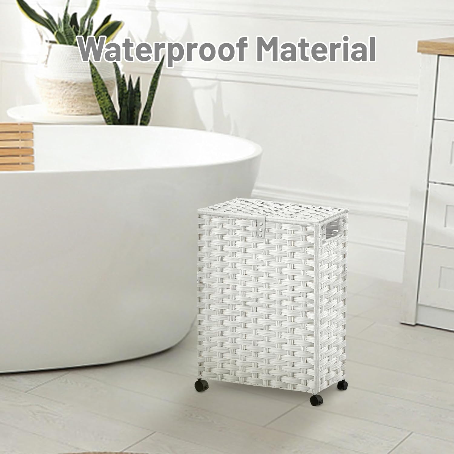 Hiagnete Toilet Paper Storage Basket with Lid and Wheels, Rattan Toilet Paper Holder Storage, Toilet Paper Organizer for Bathroom, Bedroom, Kitchen, 12.6”L x 7.1”W x 17.14”H, White - Image 3