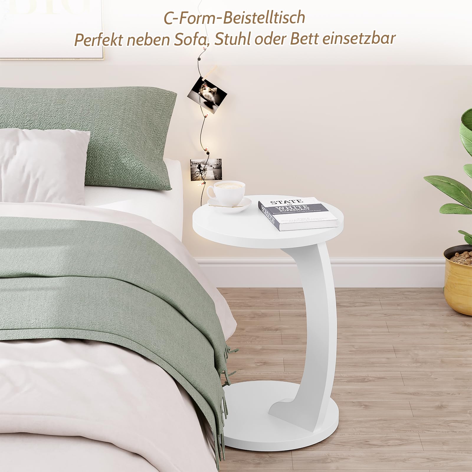WOLTU Mesa Auxiliar en Forma C, Mesa de Centro Redonda, Mesa Lateral para Sofá o Cama, Mesita Auxiliar para Salón y Dormitorio, MDF, φ38x55 cm, Blanco, BTS20ws