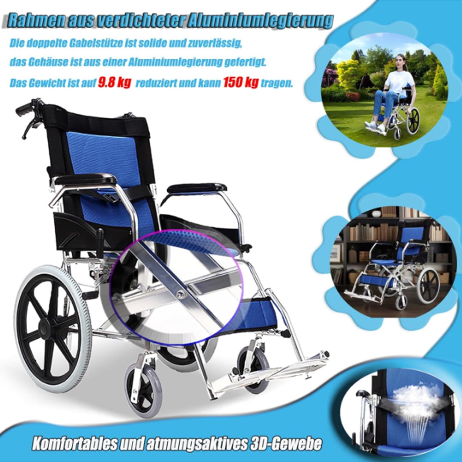 Silla De Ruedas Ligera Plegable De Aluminio, Asiento 45 Cm, Reposapiés Abatibles, Ruedas Macizas, Frenos De Mano Y En Manetas, para Mayores, para Minusválidos