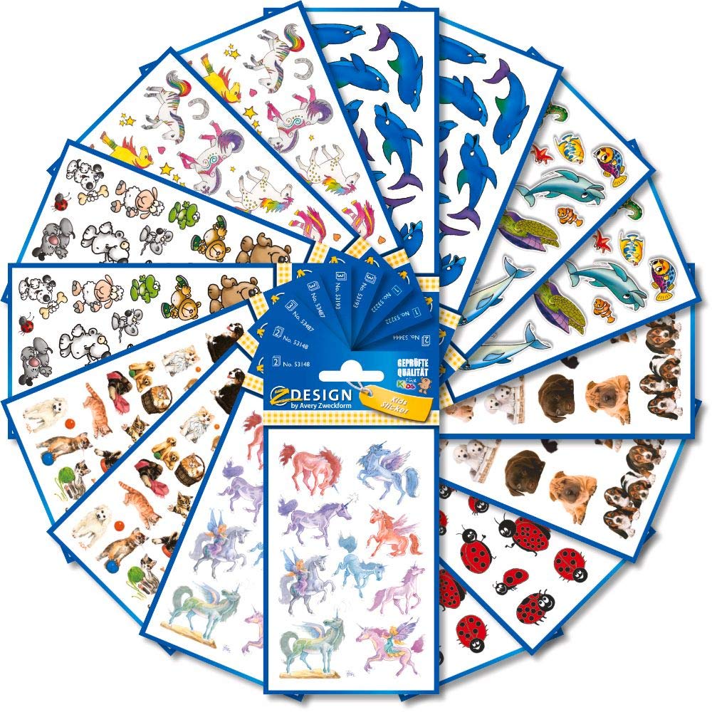 AVERY Zweckform 522 Sticker for Children (Stickers Children, Animals, Children's Stickers, Unicorn, Turtles, Ladybird, Elephant, Mouse, Bear, Giraffe, Horses, Dolphins, Fish) 59992