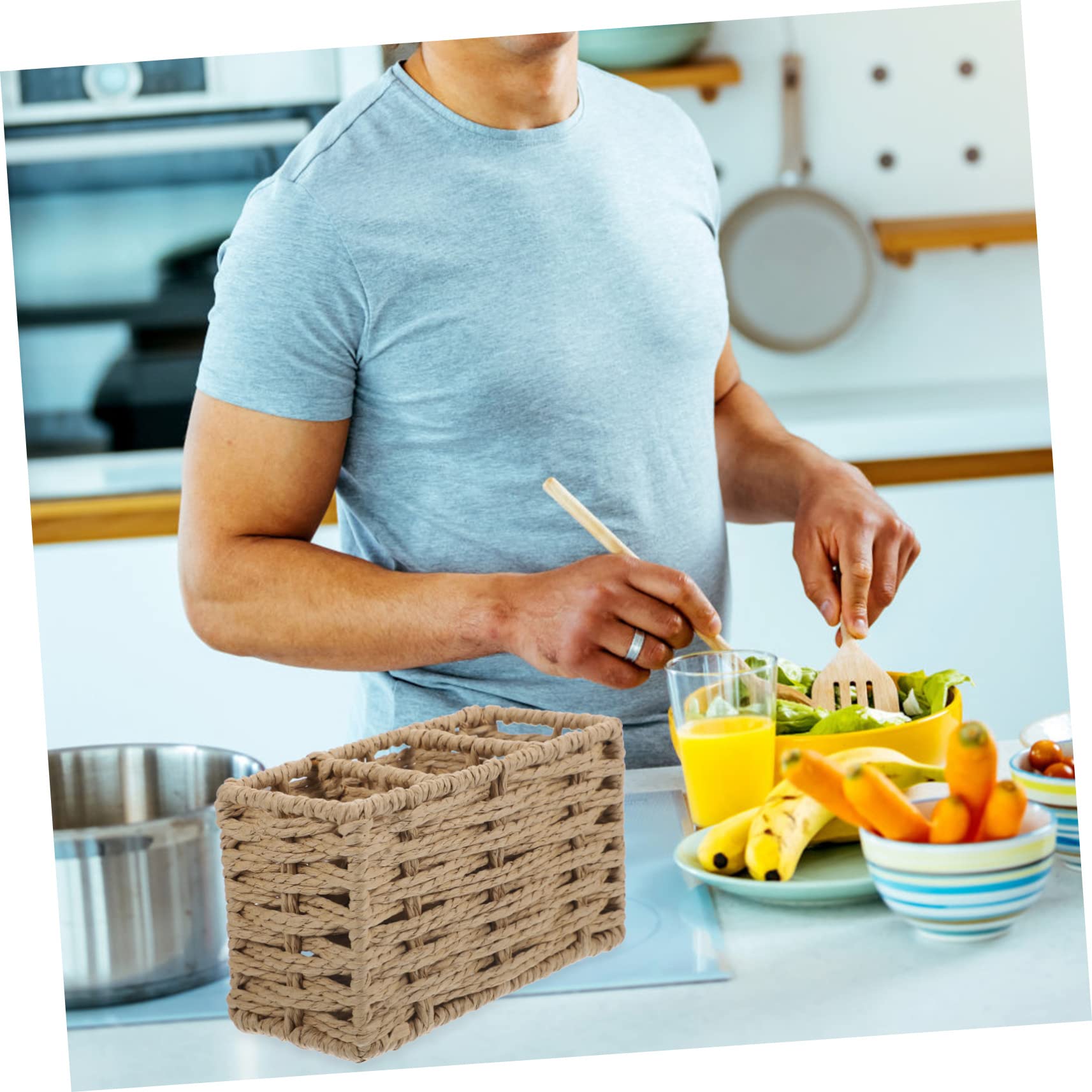 HEMOTON Cesta De Almacenamiento Para Utensilios De Cocina De Papel Trenzado Organizador Compacto Para Cubiertos Y Utensilios Para Encimeras Y Fiestas Color Beige