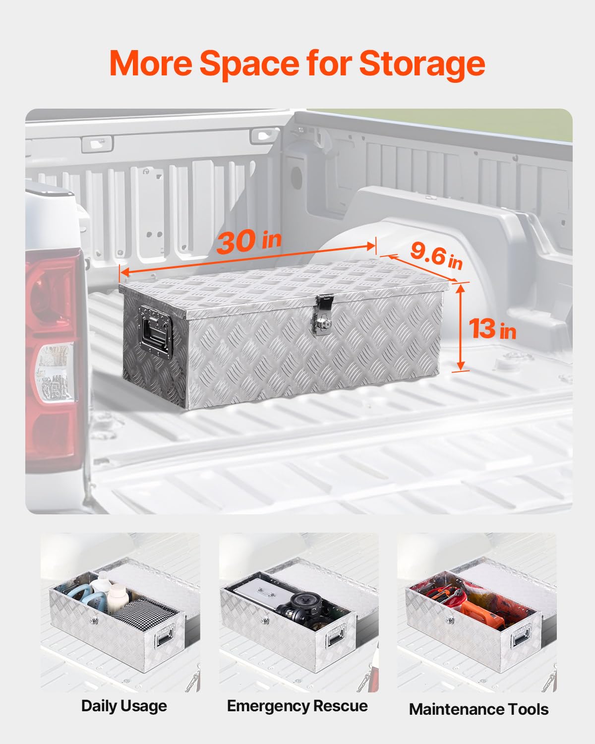 VEVOR Cassetta Portautensili Struttura in Alluminio per Cassone di Camion, con Maniglia Laterale e Chiavi di Blocco, Organizzatore per Rimorchi, Camper, 76,2 x 330,2 x 243,84 mm, Argento