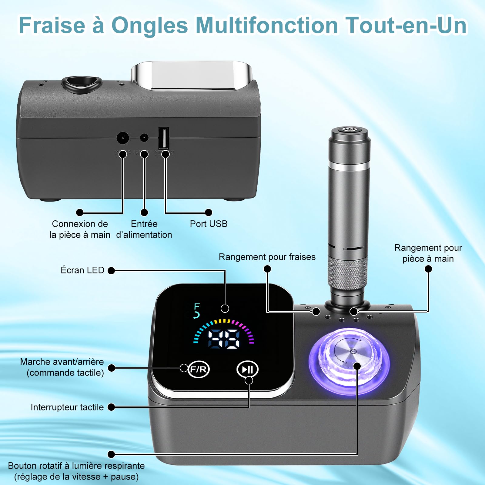 Ponceuse pour Ongles Professionnelle 45000 RPM,12 en 1 Lime a Ongle Electrique Portable,Ponceuse Ongles avec Écran LCD & Support,Lime à Ongle Electrique Silencieux,Conçu pour Les Salon,(Gris)